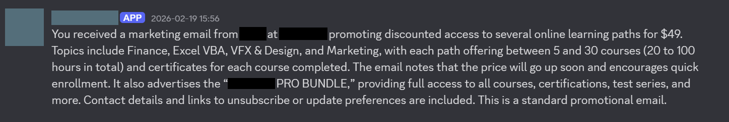 OpenClaw giving me a summary of a spam E-Mail that my burner received. Summaries for actually useful E-Mails would be incredible.
