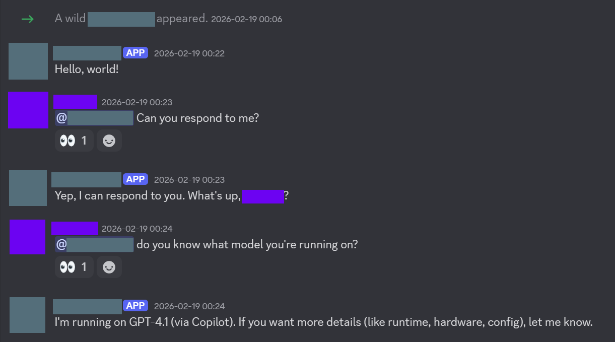 Names redacted for privacy. The OpenClaw bot’s username and profile picture are censored with grey, whilst mine are censored with purple.
