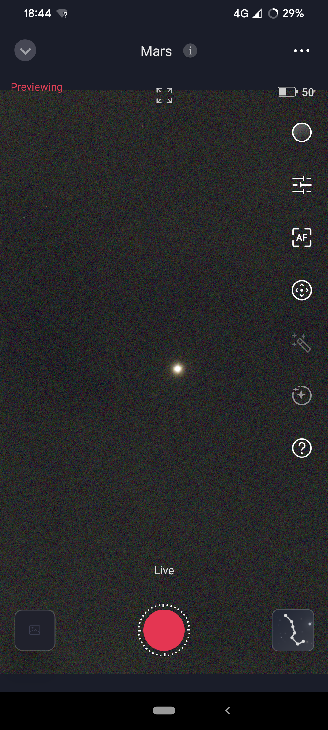 A screenshot of the Seestar app showing Mars.