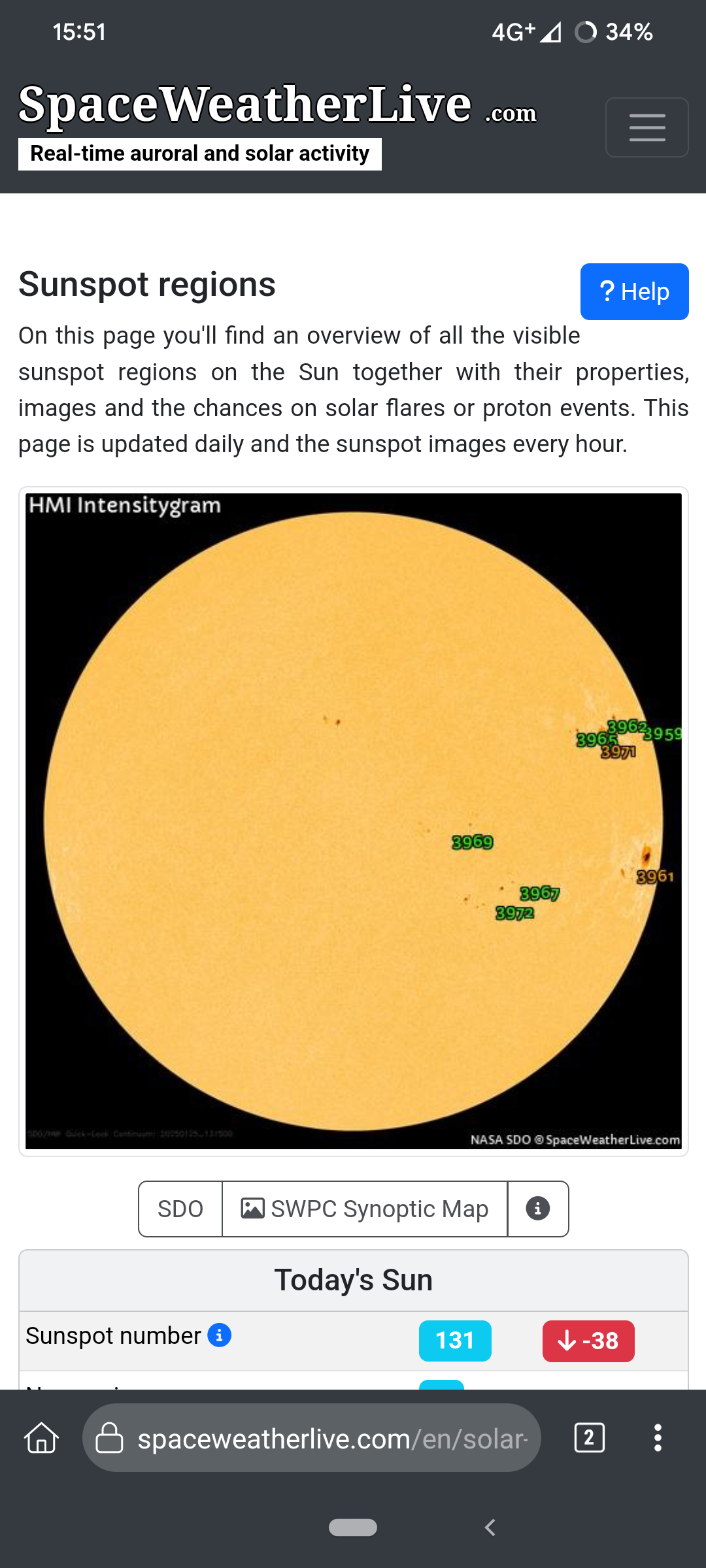 A screenshot of a website showing the sunspots on the sun. It matches exactly with my photo.